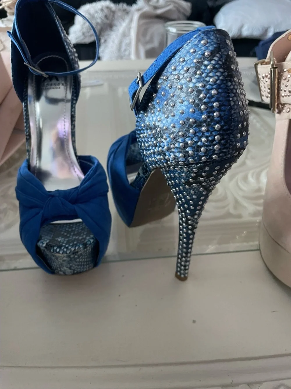 Madison by ShoeDazzle Studded Snakeskin Blue Platform Heels